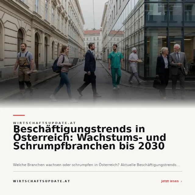 Share-Card fuer Beschäftigungstrends in Österreich: Wachstums- und Schrumpfbranchen bis 2030